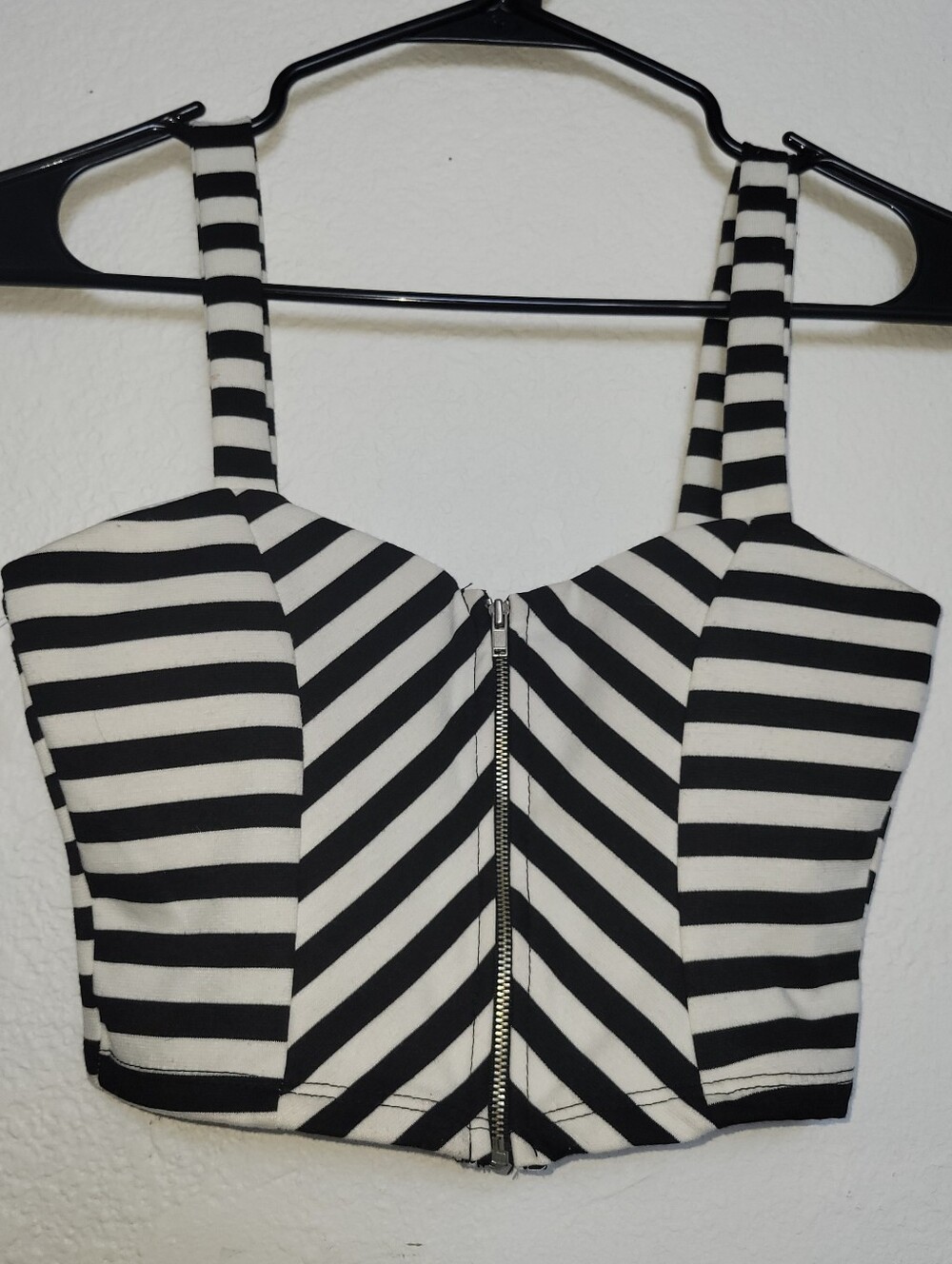 Striped Black & White Zip-Front Cropped Tank Top